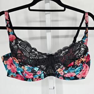 Vtg 1980s Vanity Fair Womens Sz 42C Satin Unlined Bra Bright Floral Black Lace